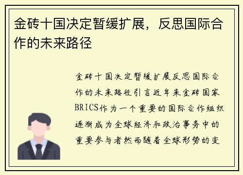 金砖十国决定暂缓扩展，反思国际合作的未来路径