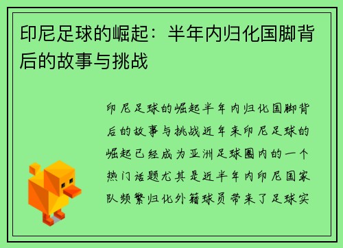 印尼足球的崛起：半年内归化国脚背后的故事与挑战