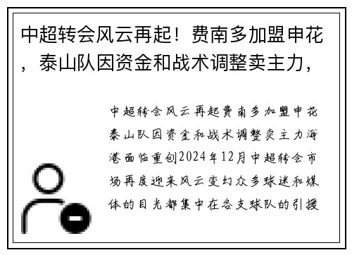 中超转会风云再起！费南多加盟申花，泰山队因资金和战术调整卖主力，海港面临重创