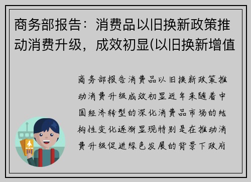 商务部报告：消费品以旧换新政策推动消费升级，成效初显(以旧换新增值税和消费税的处理)