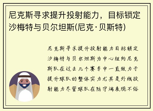 尼克斯寻求提升投射能力，目标锁定沙梅特与贝尔坦斯(尼克·贝斯特)