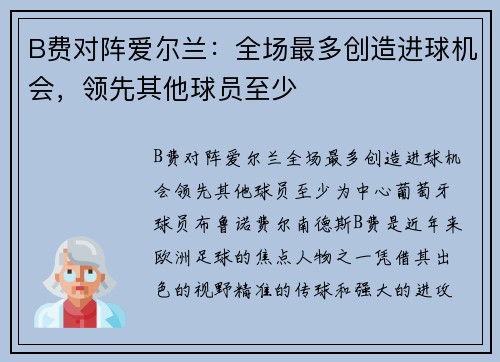 B费对阵爱尔兰：全场最多创造进球机会，领先其他球员至少