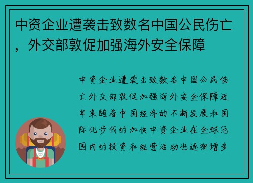 中资企业遭袭击致数名中国公民伤亡，外交部敦促加强海外安全保障