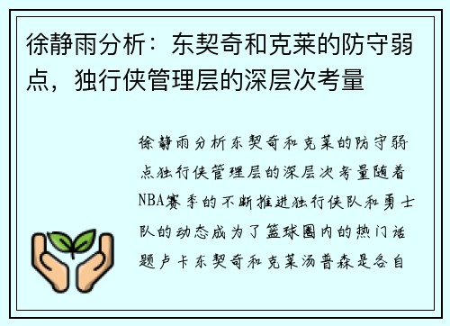 徐静雨分析：东契奇和克莱的防守弱点，独行侠管理层的深层次考量