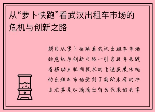 从“萝卜快跑”看武汉出租车市场的危机与创新之路